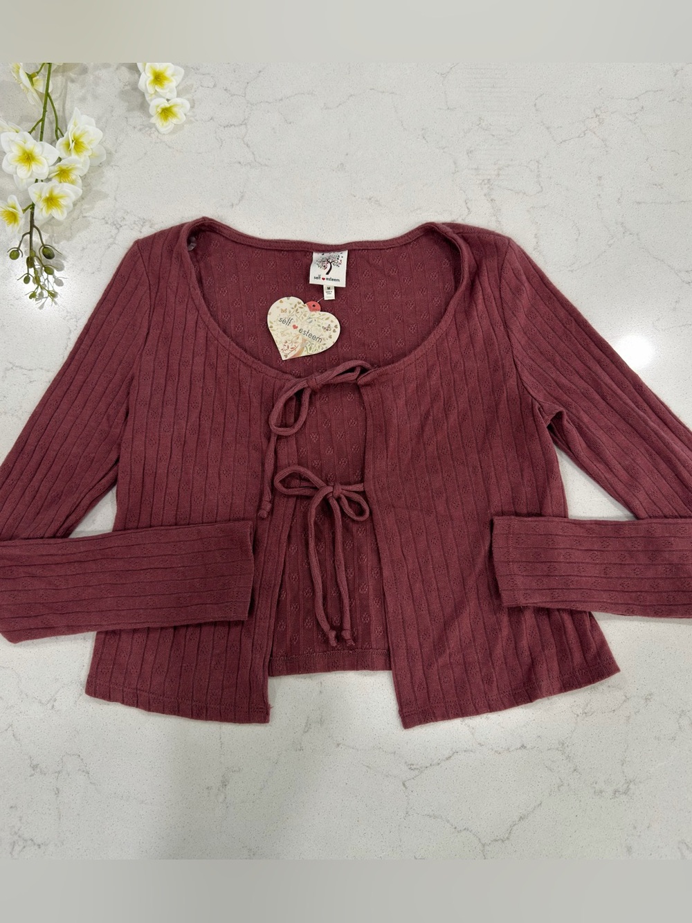 Self Esteem Ribbed Tie-Front Long Sleeve Top in Mauve